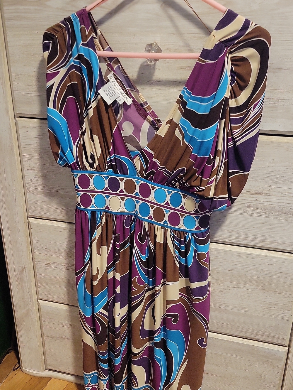 Maggy London Purple, Blue & Brown Swirl Print Wrap Dress